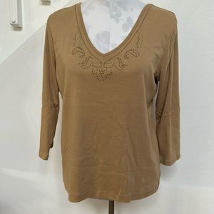 CHAPS Embellished V-Neck 3/4 Sleeve 100% Cotton Tee